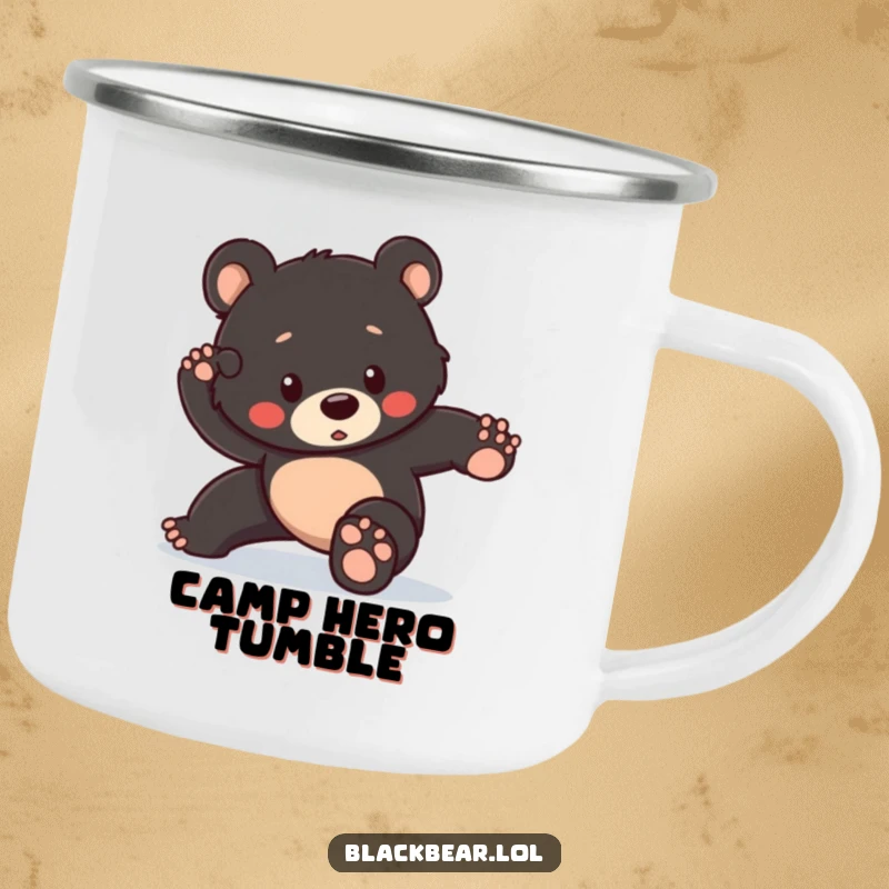 Funny camping mug featuring a black bear cub attempting a heroic pose but tripping slightly, perfect for outdoor enthusiasts.