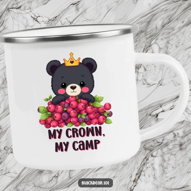 Funny camping mug with a cute black bear wearing a crown peeking from behind a berry bush, perfect for outdoor humor.