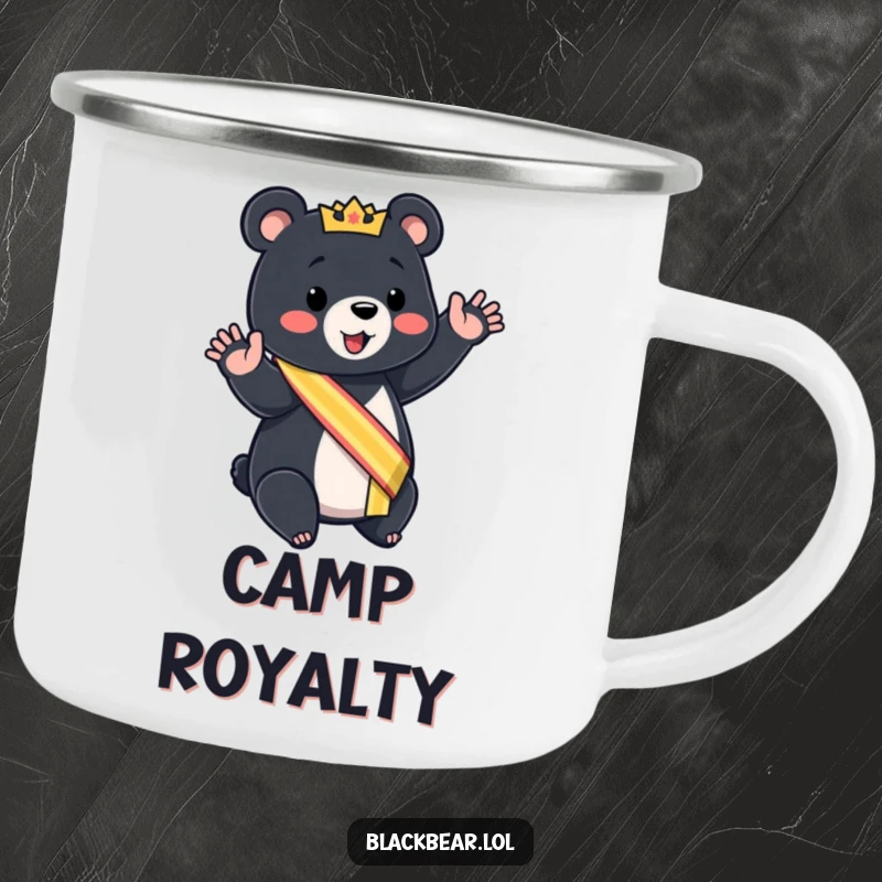 Funny black bear cub camping mug wearing a sash, giving a mock royal wave, for regal adventures.