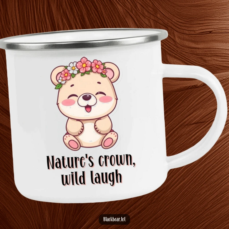 Funny bear cub mid-giggle, wearing a cheerful flower crown, on a durable camping mug for outdoor humor.
