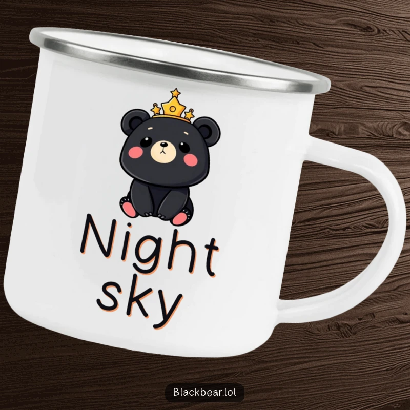 Durable camping mug with a black bear wearing a crown of stars, looking up at the moon, perfect for enjoying nature's beauty.