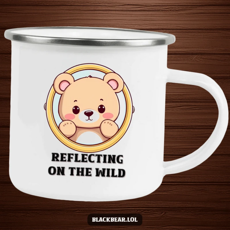 Funny bear peeking from behind a mirror on a durable camping mug, adding curiosity and humor to outdoor adventures.