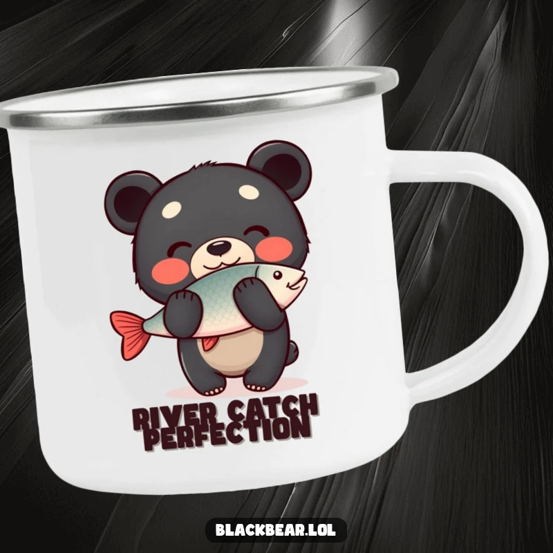 Funny Camping Mug: Happy black bear cub balancing a fish on its nose, perfect for outdoor beverages and fishing humor.