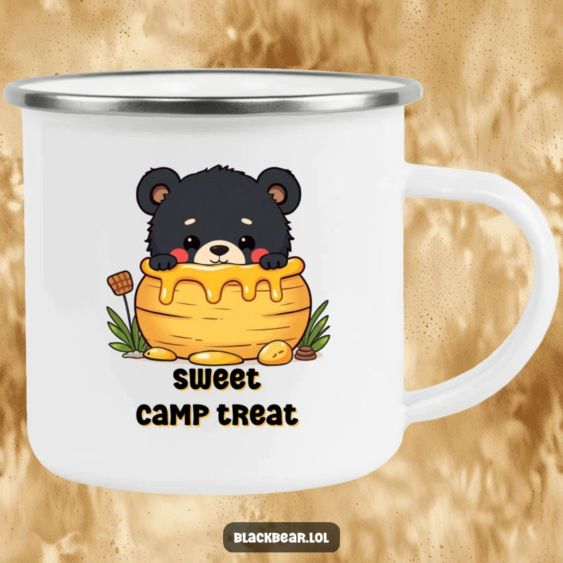 Funny camping mug featuring a mischievous black bear cub peeking out from behind a large honey pot, ready for a sweet treat.