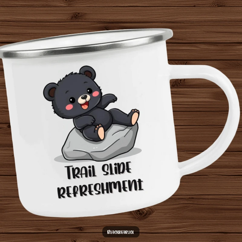 Funny Camping Mug print of a black bear cub sliding down a rock with excitement, ideal for outdoor humor.