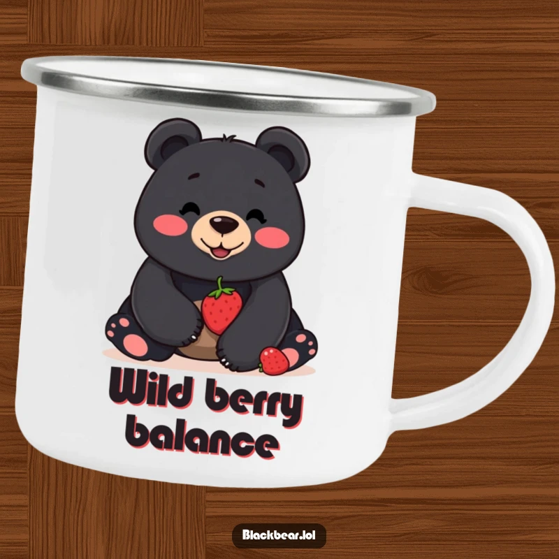 Funny camping mug showing a smiling black bear balancing a berry on its nose, perfect for outdoor enjoyment with a humorous skill.