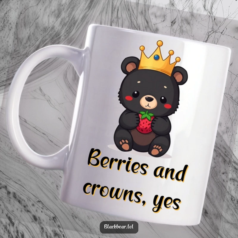 Funny black bear cub mug, a royal cub in a crown, hilariously balancing a single berry on its nose with playful concentration.