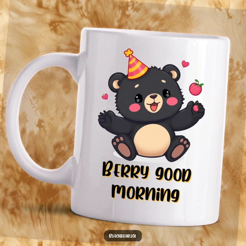 Funny Mug: Playful black bear cub wearing a festive party hat, enthusiastically juggling colorful berries with a joyful expression.