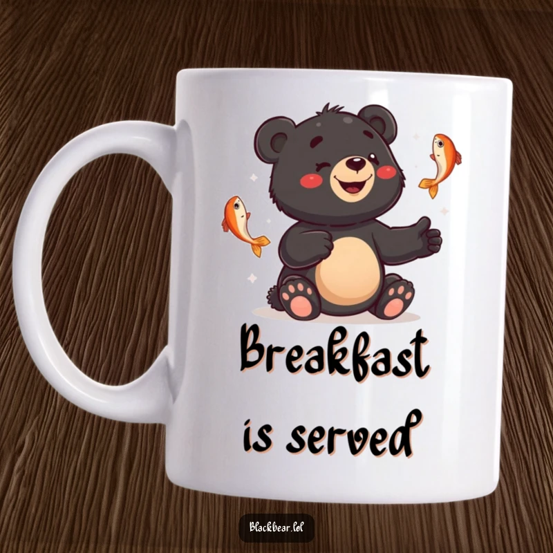 Funny mug showing a smiling black bear cub comically juggling fish with a look of utter bewilderment.