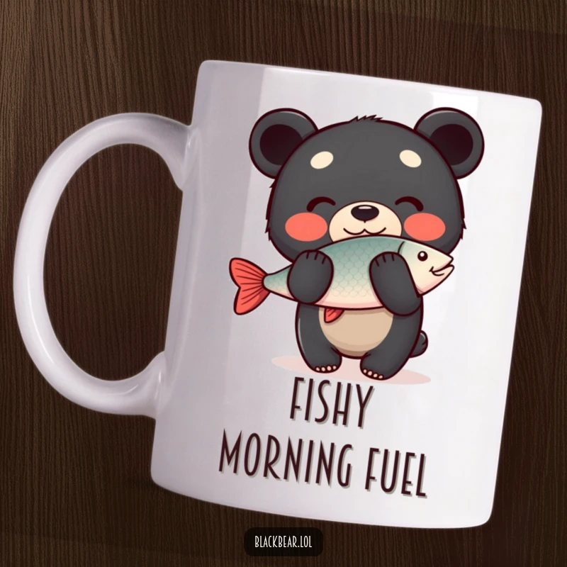 Funny Mug: Happy black bear cub with a cheerful grin, expertly balancing a fish on its nose, showcasing impressive, humorous skill.