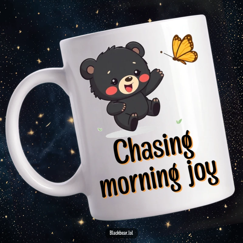 Funny mug showing a black bear cub joyfully chasing a colorful bouncing butterfly through a meadow, capturing pure, unadulterated happiness.