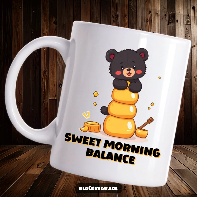 Funny Mug showing a black bear cub struggling to balance a tall stack of golden honey pots, looking determined.
