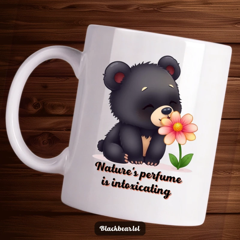 Funny mug featuring a curious young black bear cub joyfully sniffing a vibrant, blooming flower with wide, delighted eyes.