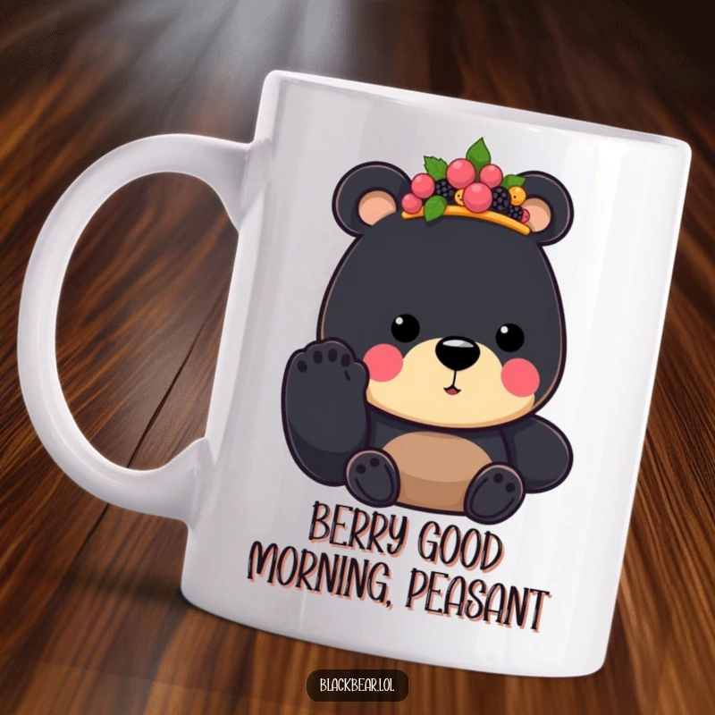 Funny Black Bear King Mug with a berry crown, offering its paw with a friendly grin, symbolizing regal charm and humor.