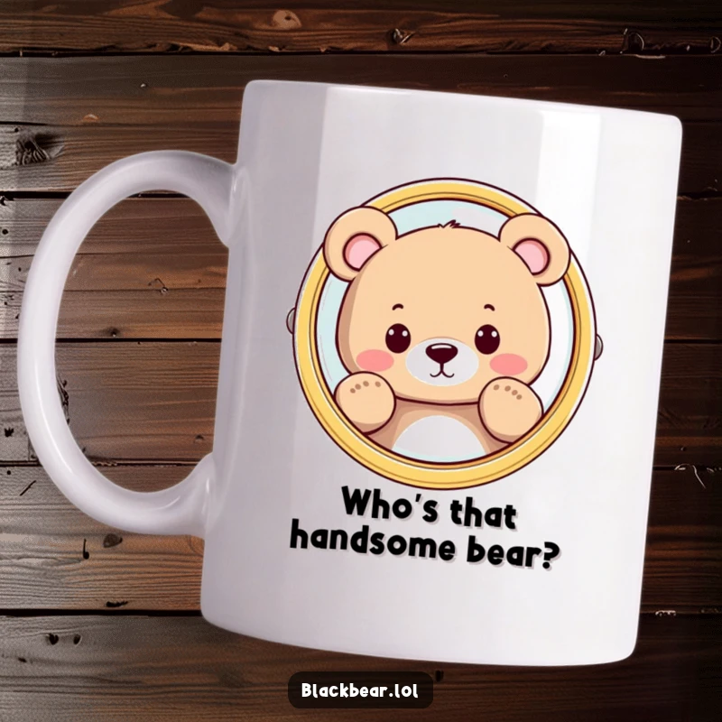 Funny adorable bear character peeking curiously from behind a large shiny mirror on a mug, sparking amusement.