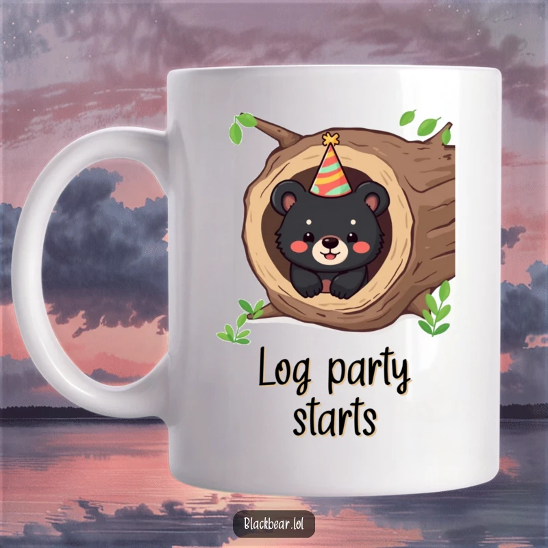 Funny mug featuring a happy black bear cub peeking out from a hollow log, wearing a party hat, ready to party.