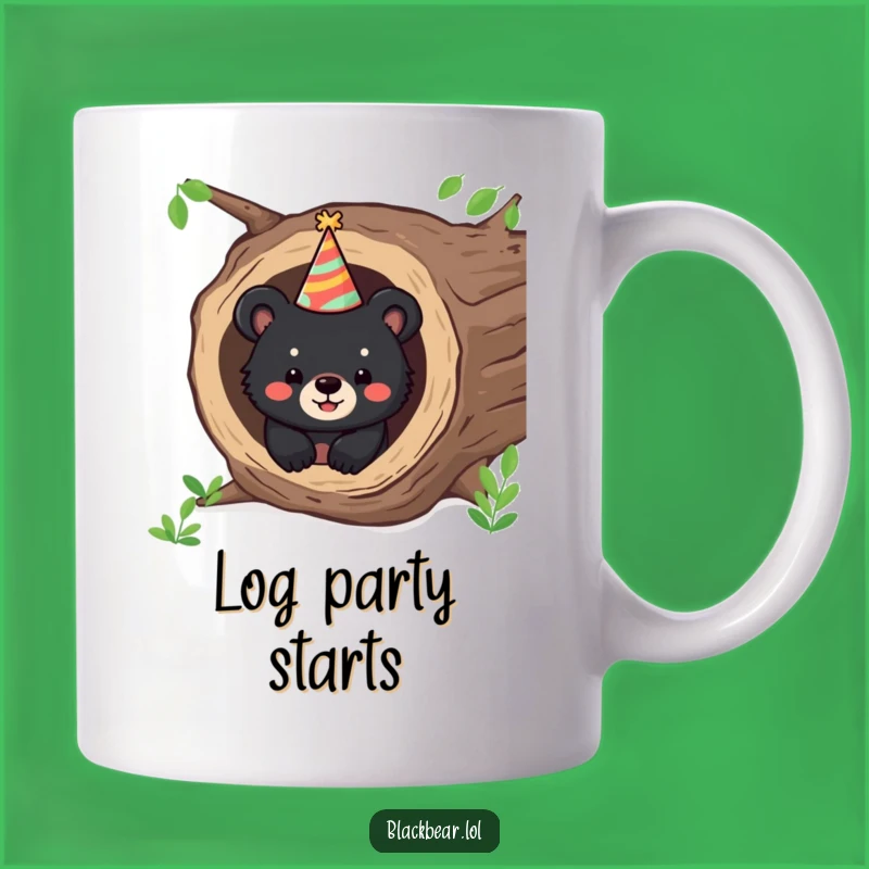 Funny Bear Party Mug: Happy Cub Peeking From Log In Party Hat, Perfect Funny Gift!