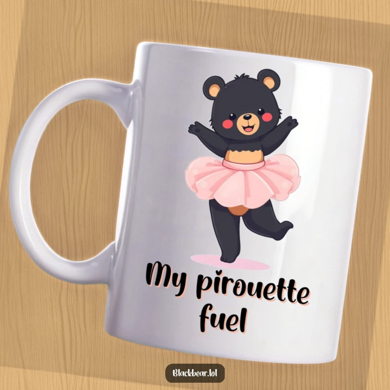 Funny Mug: Black bear cub wearing a pink tutu, happily twirling with ballet grace and a joyful expression.