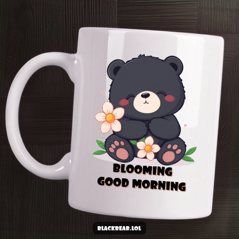 Funny mug showing a contented black bear sitting peacefully while holding a single, oversized, vibrant flower, exuding a sense of calm.