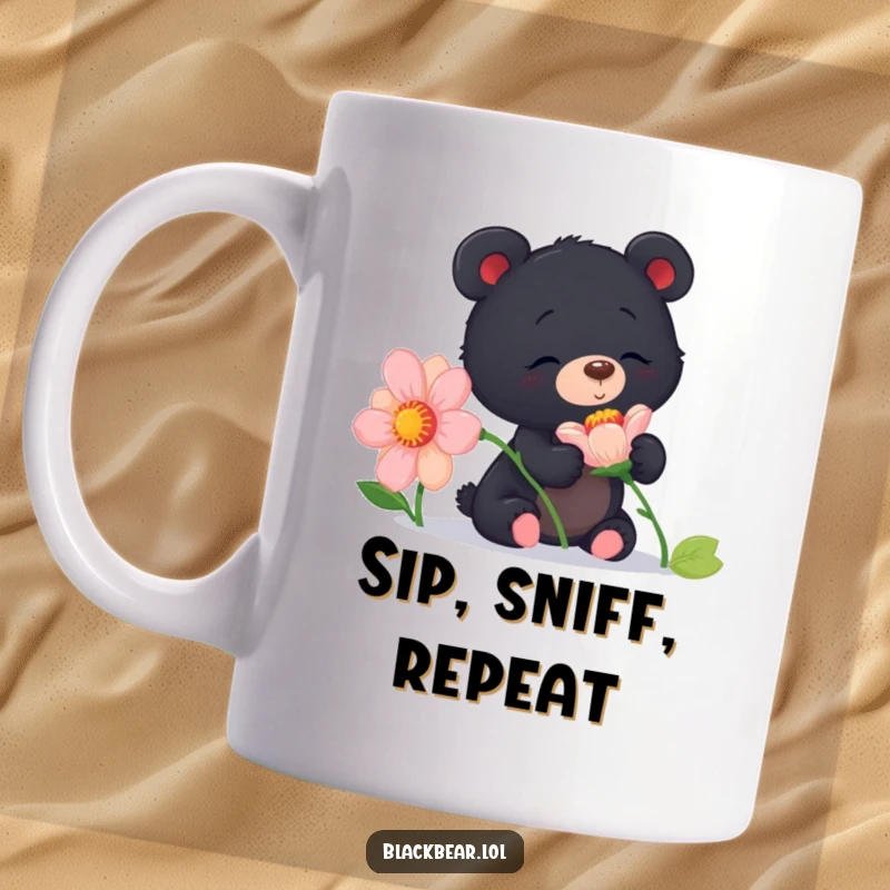 Funny curious black bear cub mug sniffing a huge, colorful flower with evident delight and gentle fascination.