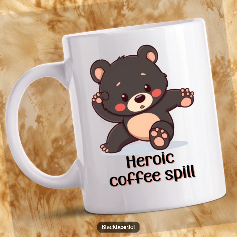Funny mug featuring an adorable black bear cub attempting a heroic pose but tripping slightly, capturing a moment of endearing clumsiness.