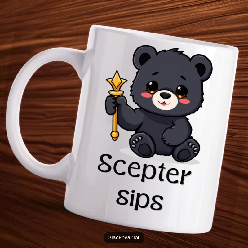 Funny black bear cub mug holding a shiny scepter with a paw, a regal and charming gift.