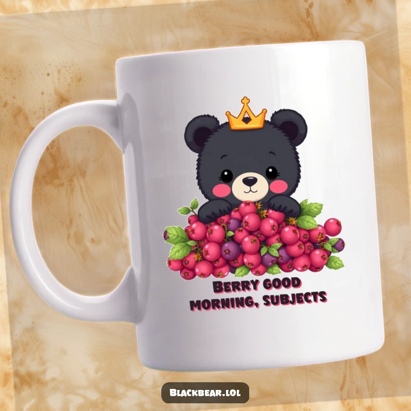 Funny mug featuring a cute black bear with a tiny crown peeking over a vibrant berry bush, looking regal and mischievous.
