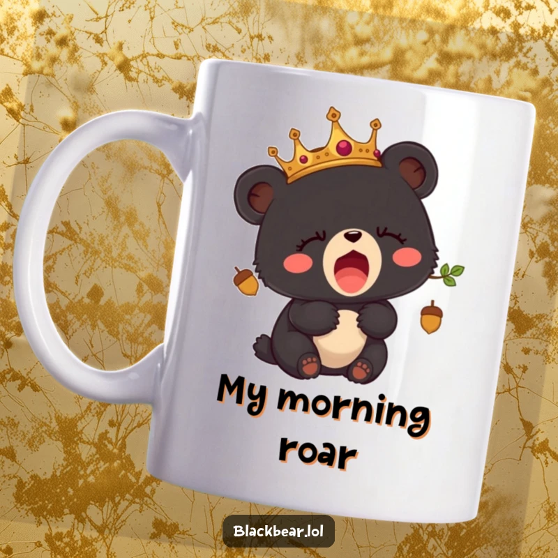 Funny mug featuring a cute black bear cub wearing an acorn crown, yawning widely with sleepy eyes.