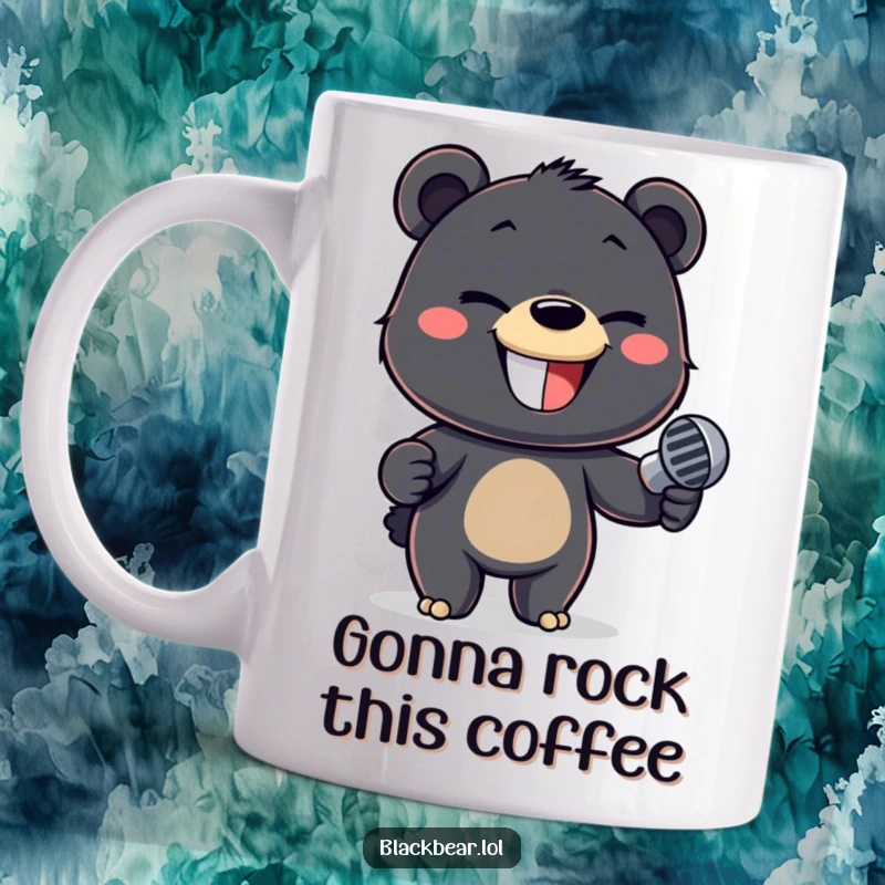 Funny mug showing a mischievous black bear cub holding a microphone, ready to sing its heart out.