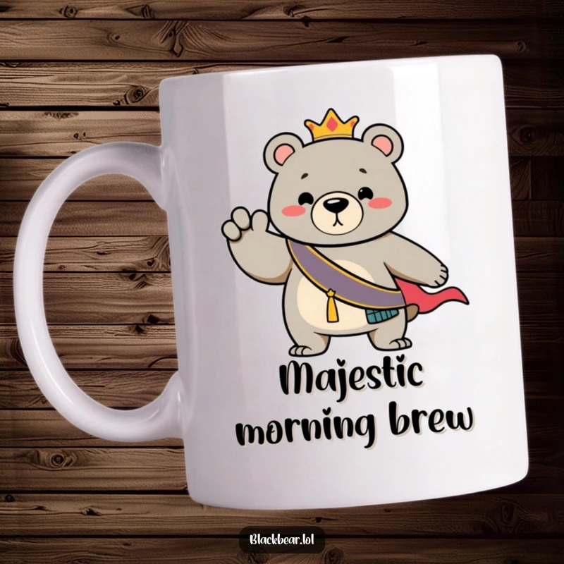 Funny Mug: Bear wearing a regal sash, striking a dramatic pose, looking confident and photogenic.