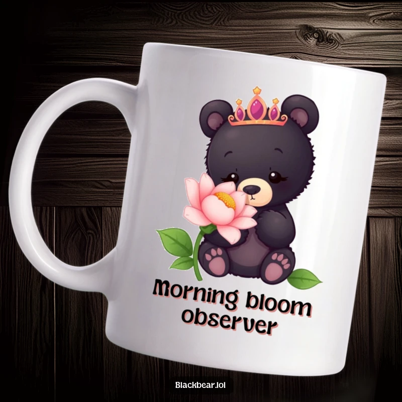 Funny mug featuring a curious black bear cub wearing a tiara, gently sniffing a large, colorful flower with fascination.