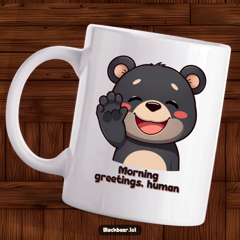 Funny black bear mug featuring a cheerful black bear waving its paw with a big, happy smile, perfect for gift-givers.