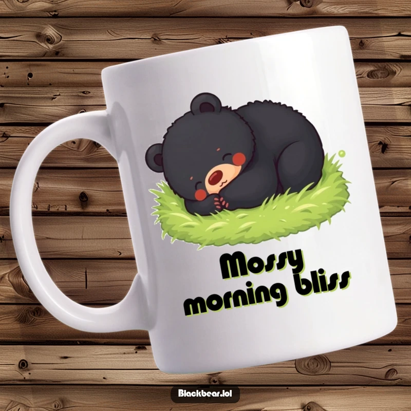 Funny mug featuring a joyful black bear cub blissfully rolling around in a lush bed of soft, green moss, radiating pure contentment.