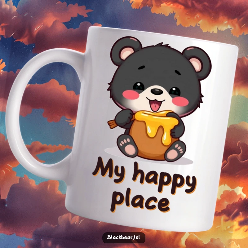 Funny mug with a chubby black bear cub struggling to fit inside a miniature honey pot, exemplifying pure, relatable gluttony and humor.
