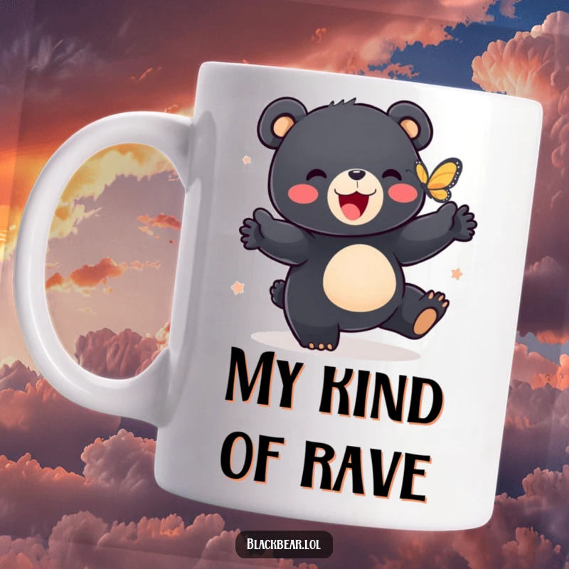 Funny mug featuring a joyful black bear cub dancing playfully alongside a delicate butterfly, capturing pure delight.