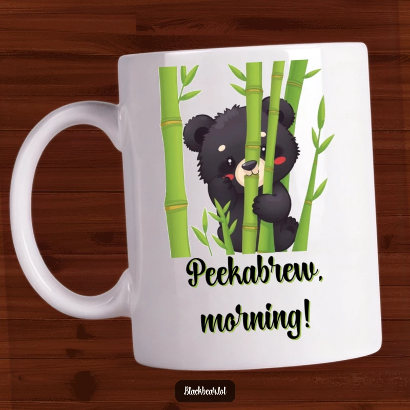 Funny black bear cub mug peeking playfully from behind green bamboo stalks, showcasing mischievous curiosity and a joyous spirit.