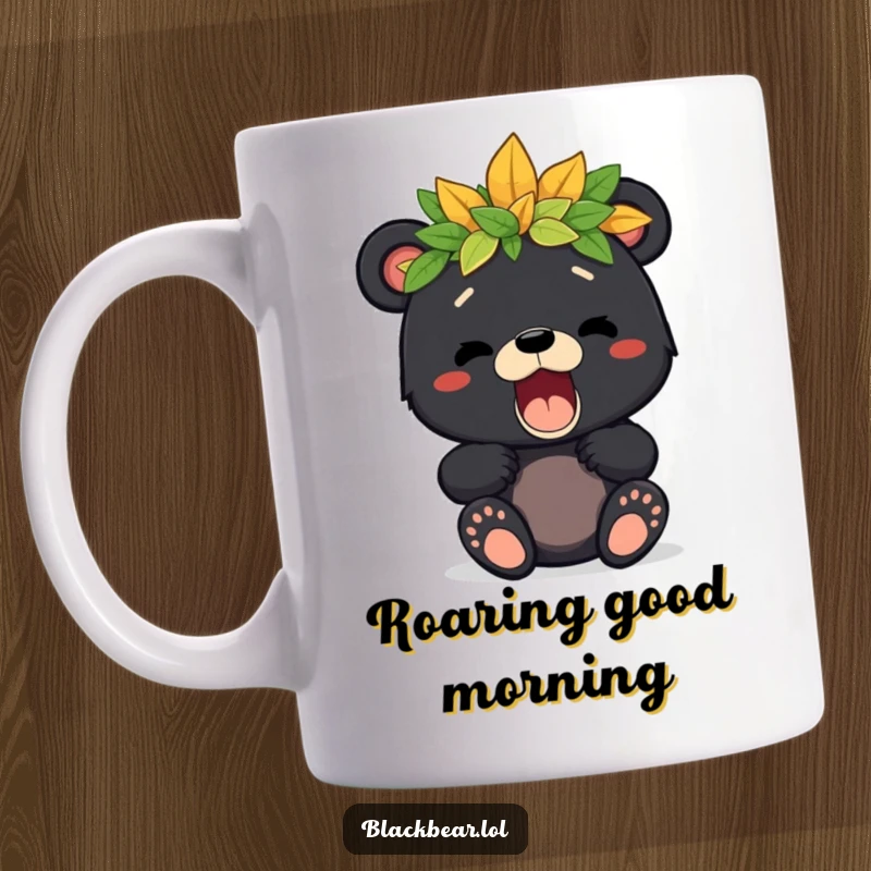 Cute black bear cub wearing a crown of leaves, opening its mouth in a tiny, playful roar, embodying forest courage and fun.
