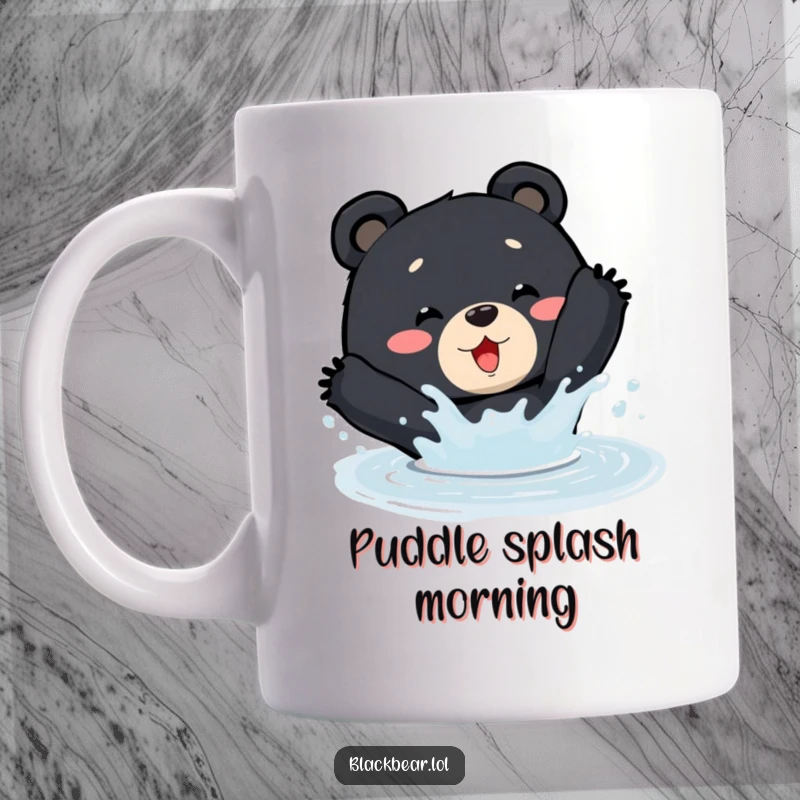 Funny Mug: A happy black bear enthusiastically splashes water in a small, muddy puddle.