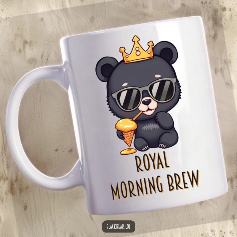 Funny Mug: A curious black bear cub sporting a golden crown and cool sunglasses, indulging in honey from an ice cream cone, looking undeniably regal.