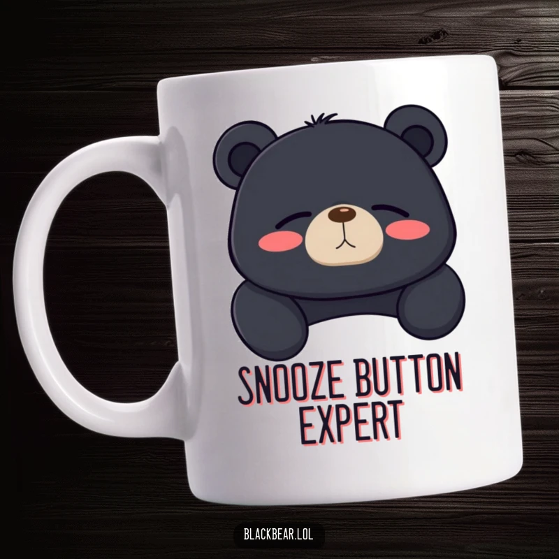 Funny black bear mug depicting a relaxed bear sighing contentedly with closed eyes, promoting calm and humor.