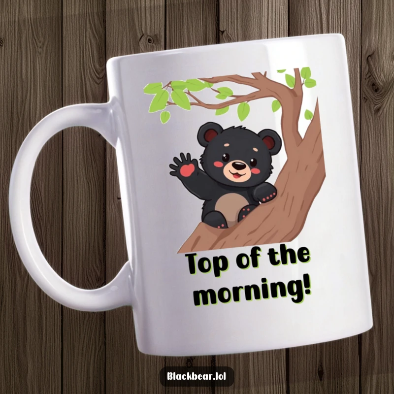 Funny black bear cub perched on a tree branch, enthusiastically waving its paw with a happy, friendly expression.