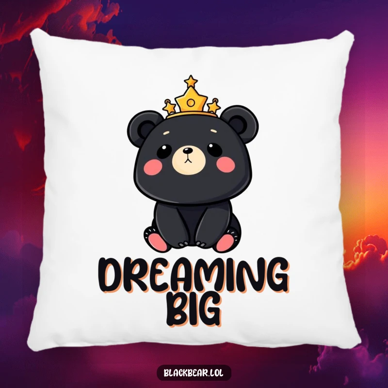Soft pillow featuring a black bear adorned with a crown of stars, looking up at the moon, designed for cozy, dreamy relaxation.