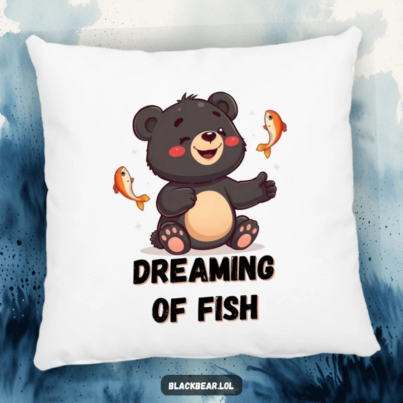 Funny pillow with a smiling black bear cub juggling fish with a bewildered expression, offering comfort and comical relief.