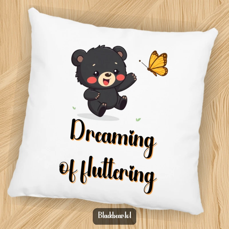 Funny pillow with a black bear cub happily chasing a butterfly, offering comfort and a touch of playful joy.