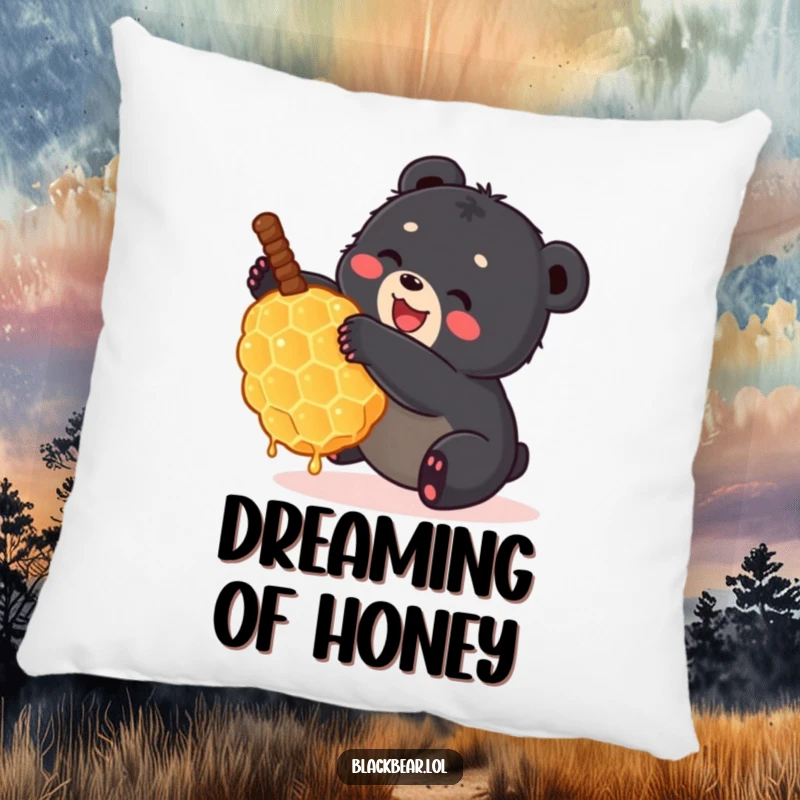 Funny black bear cub tumbling with a large honeycomb on a soft decorative pillow. Adorable and humorous forest animal accent.