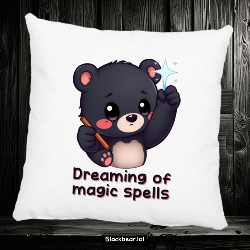 Funny black bear cub with big curious eyes reaching for a sparkling wand, depicted on a soft pillow for cozy, magical decor.