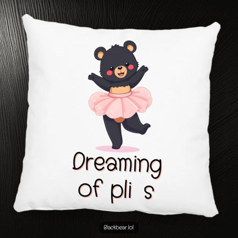Funny Pillow: A smiling black bear cub wearing a tutu, gracefully twirling on a soft, decorative pillow.