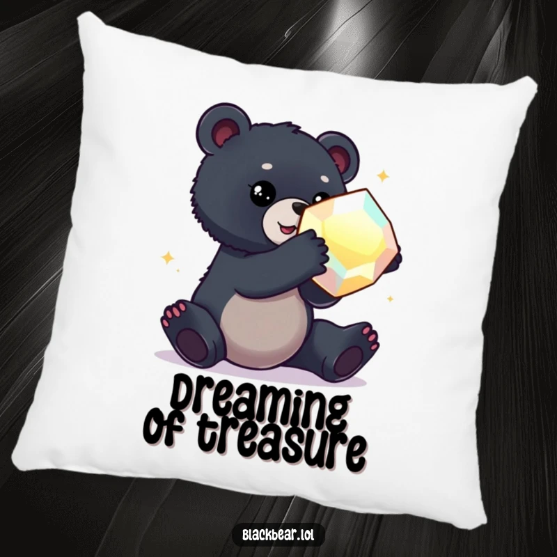 Funny pillow depicting a black bear cub reaching for a large, sparkling gem, perfect for adding cozy charm.