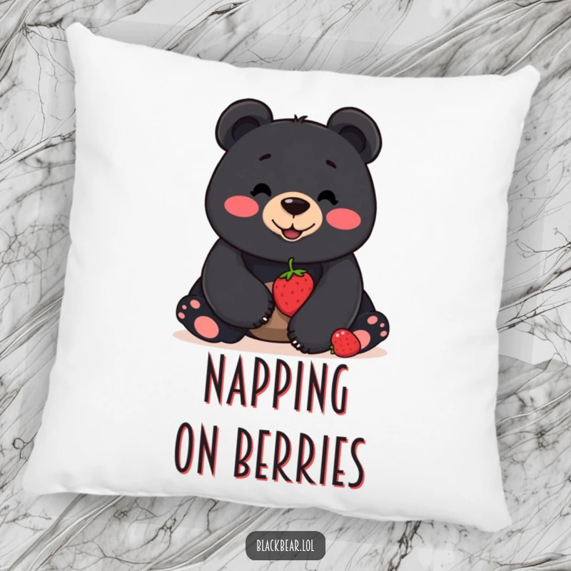 Funny pillow with a smiling black bear balancing a berry on its nose, offering comfort and a touch of playful skill.