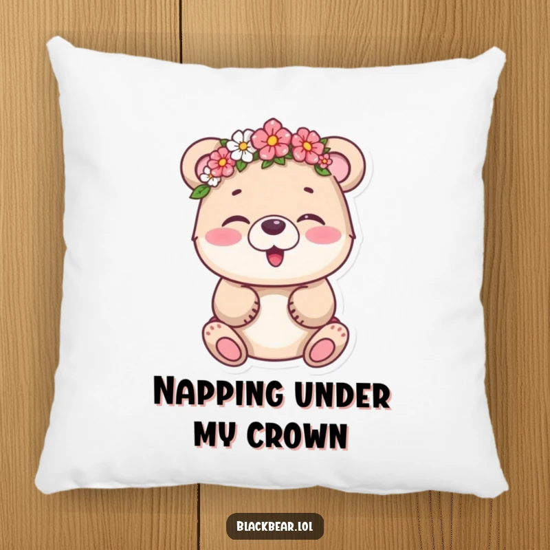 Funny bear cub giggling beneath a charming flower crown, depicted on a soft pillow for cozy, humorous home decor.